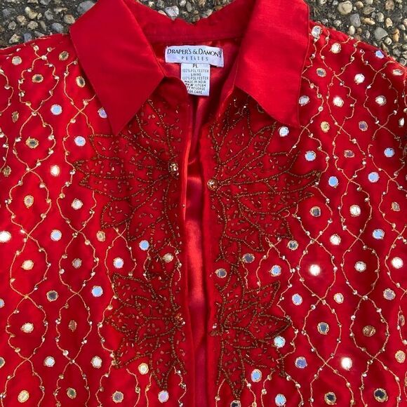 Vtg Drapers & Damon’s bright red ethnic beaded gold trim mirror disc jacket - Picture 7 of 8